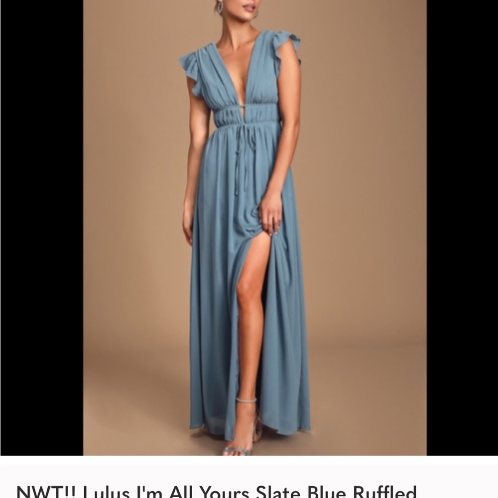 Lulu's Dusty Blue Deep V Ruffled Maxi Dress